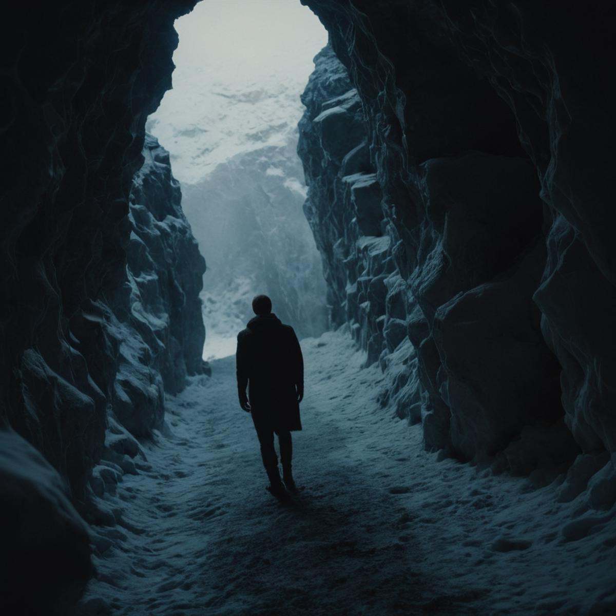 cinematic film still of a person standing in a cave with snow looking at camera in a dutch angle style rotated view style...
