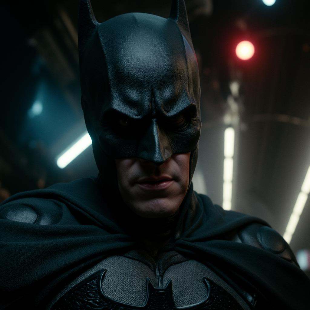 cinematic film still of rotated angle view of a batman:0.9 looking at camera,  shallow depth of field,  vignette on Tensor...