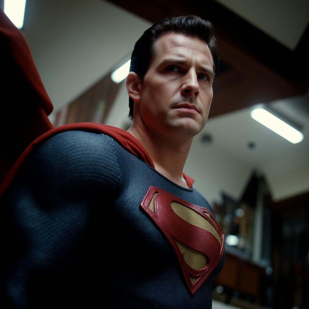 cinematic film still of rotated angle view of a superman looking at camera,  shallow depth of field,  vignette on Tensor.Art