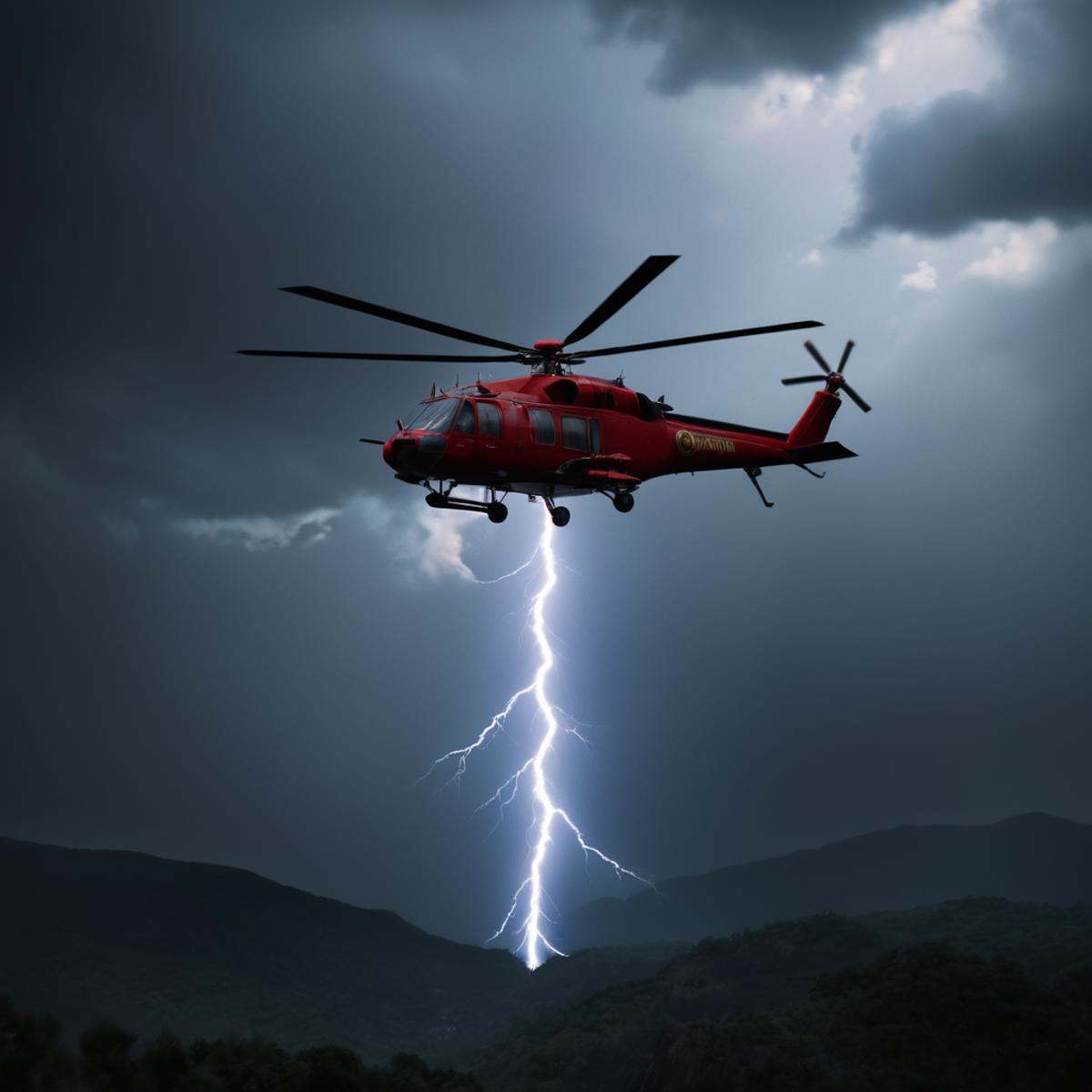 cinematic film still of a helicopter flying through a dark sky with a lightning bolt,  scenery,  science fiction on Tensor...