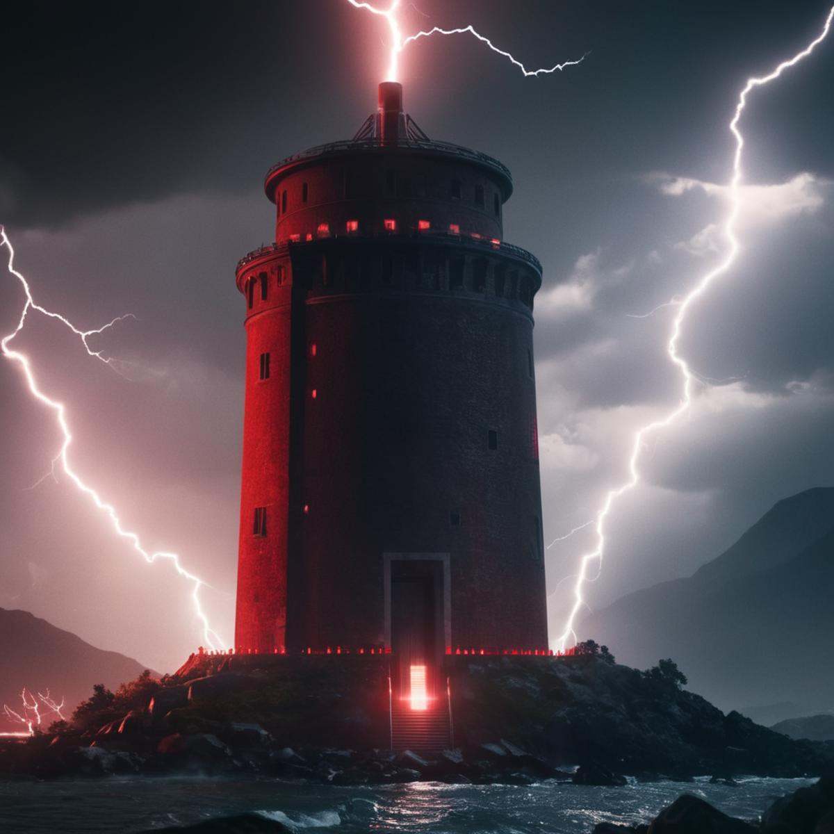 cinematic film still of a red and white tower with a lightning bolt,  no humans,  science fiction on Tensor.Art