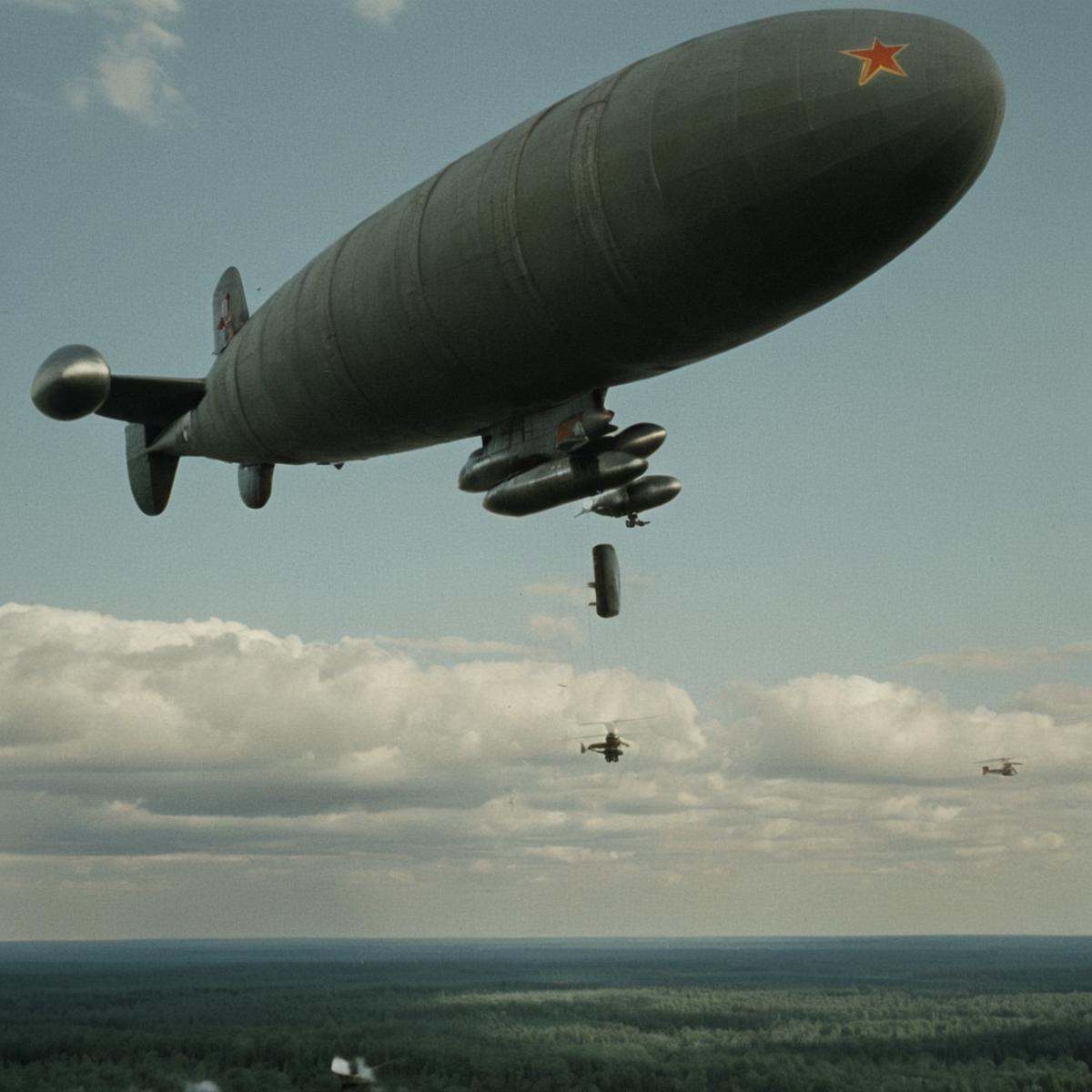 cinematic film still of Union of Soviet Socialist Republics,  Soviet,  a large kirov flying through a cloudy sky Soviet Fo...