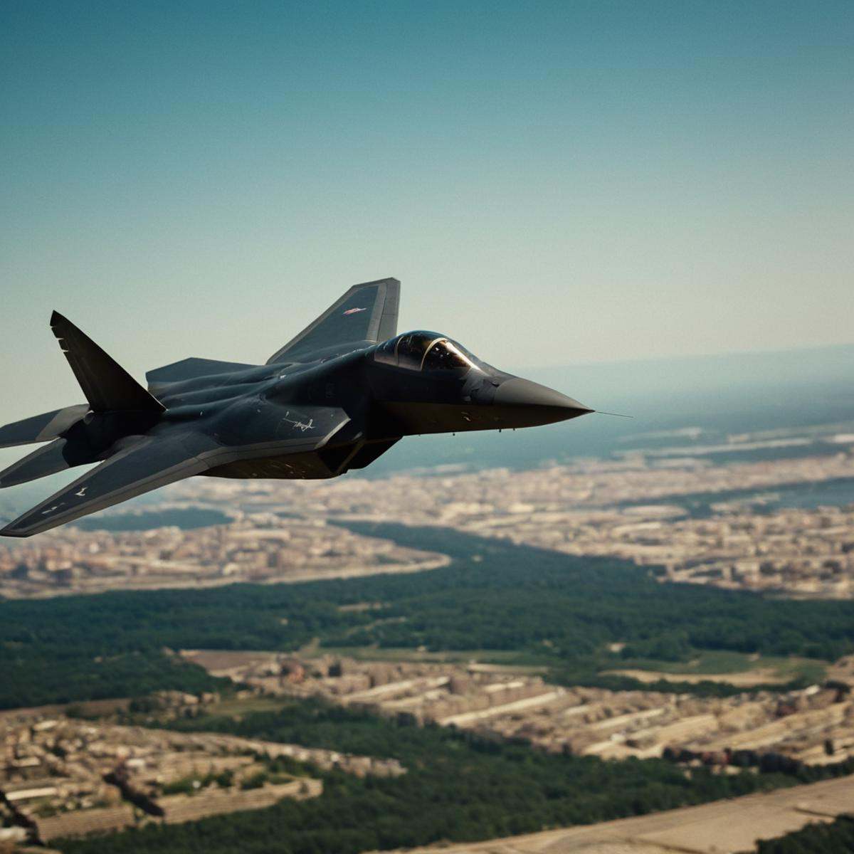 cinematic film still of Allies,  USA,  a stealth jet flying over a city and a blue sky Allied Forces on Tensor.Art