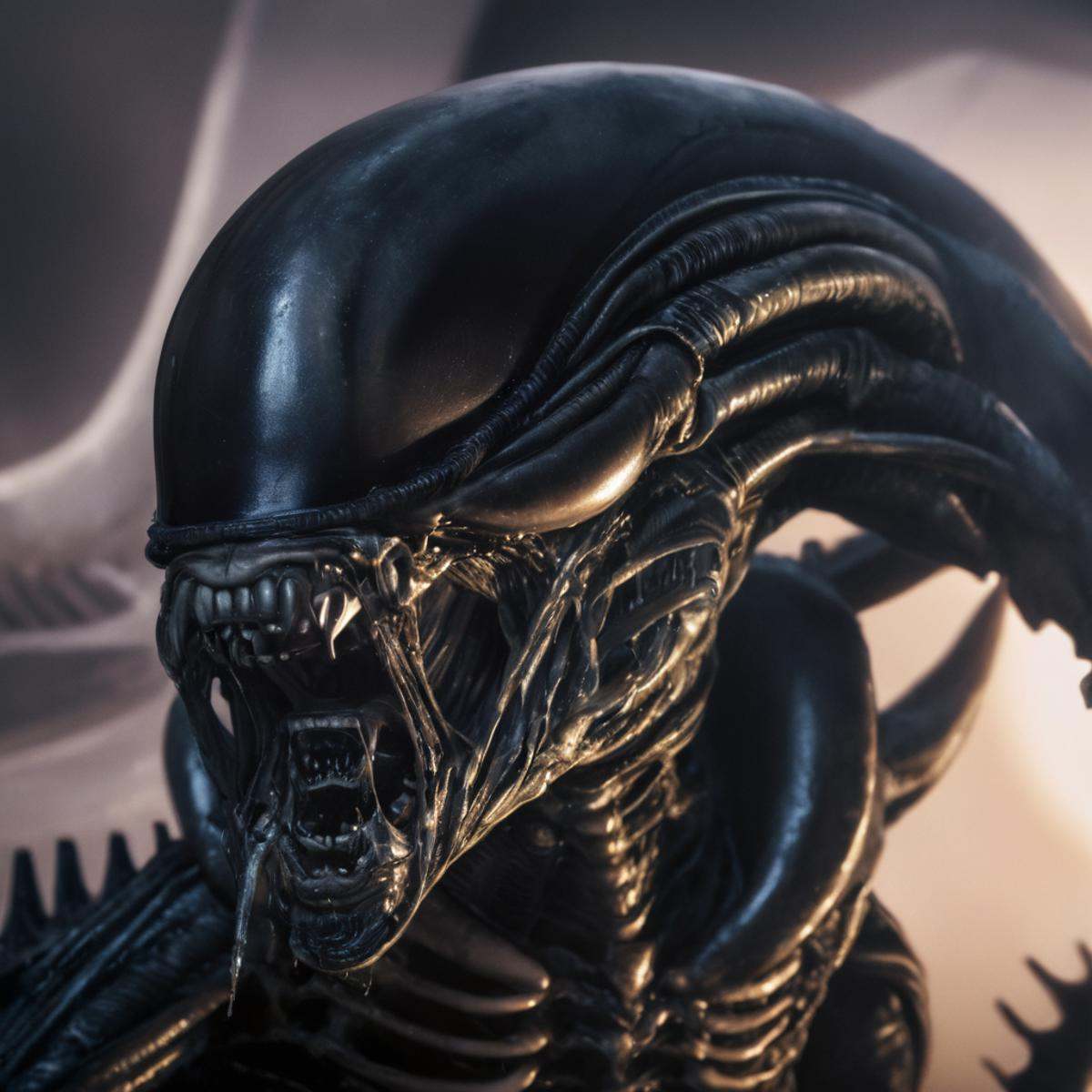 cinematic film still of Xenomorph an alien with an open mouth and signature tongue out,  shallow depth of field,  vignette...