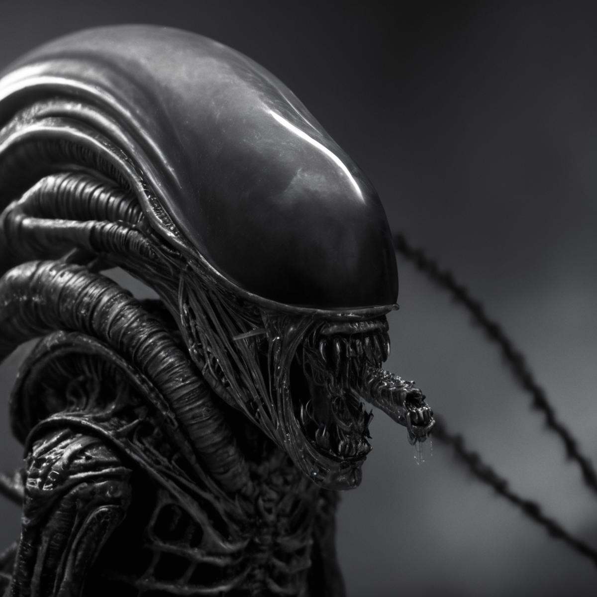 cinematic film still of Xenomorph a creepy alien with a hood on and a large mouth,  endoparasitoid extraterrestrial specie...