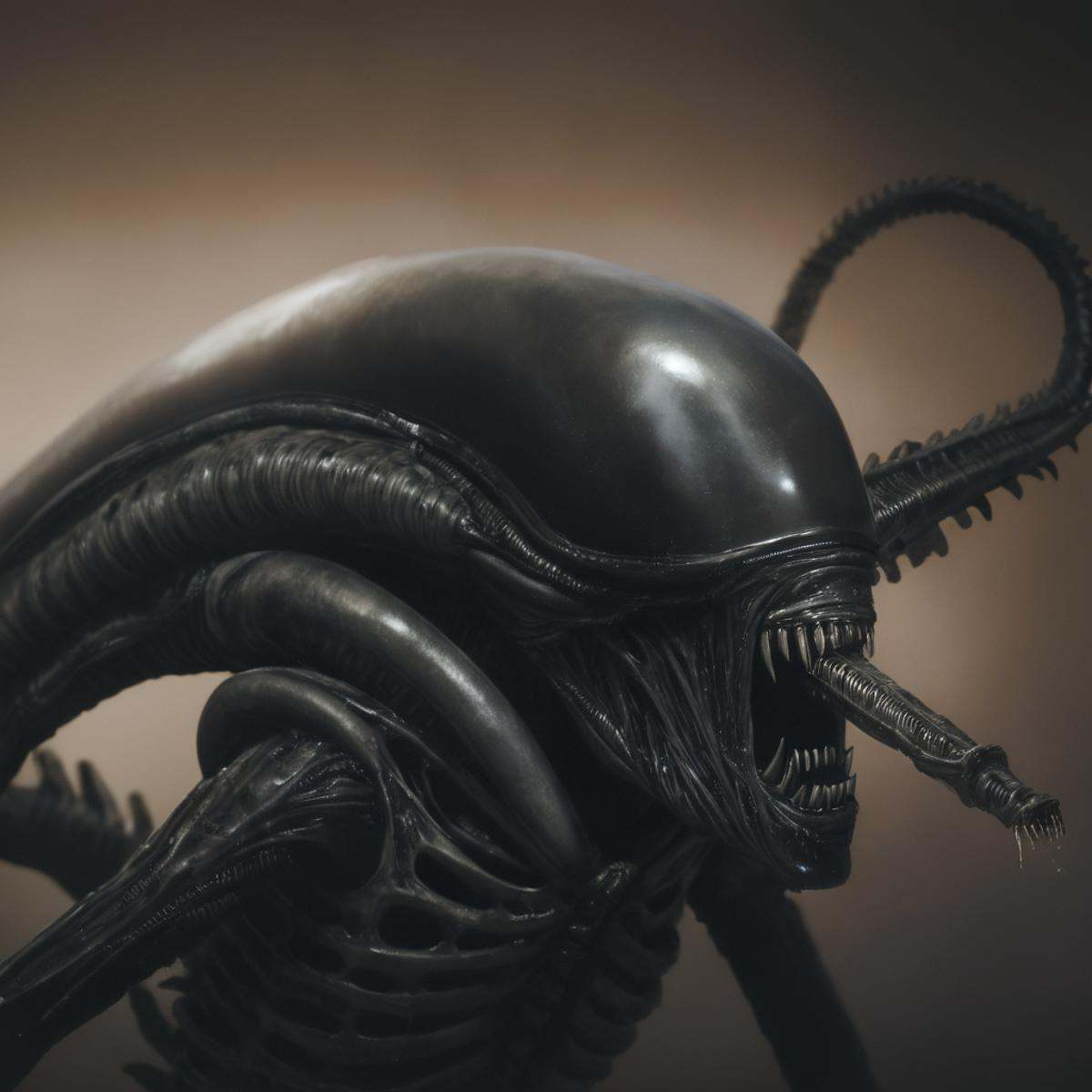 cinematic film still of Xenomorph a drawing of a creature with a large head,  endoparasitoid extraterrestrial species,  so...