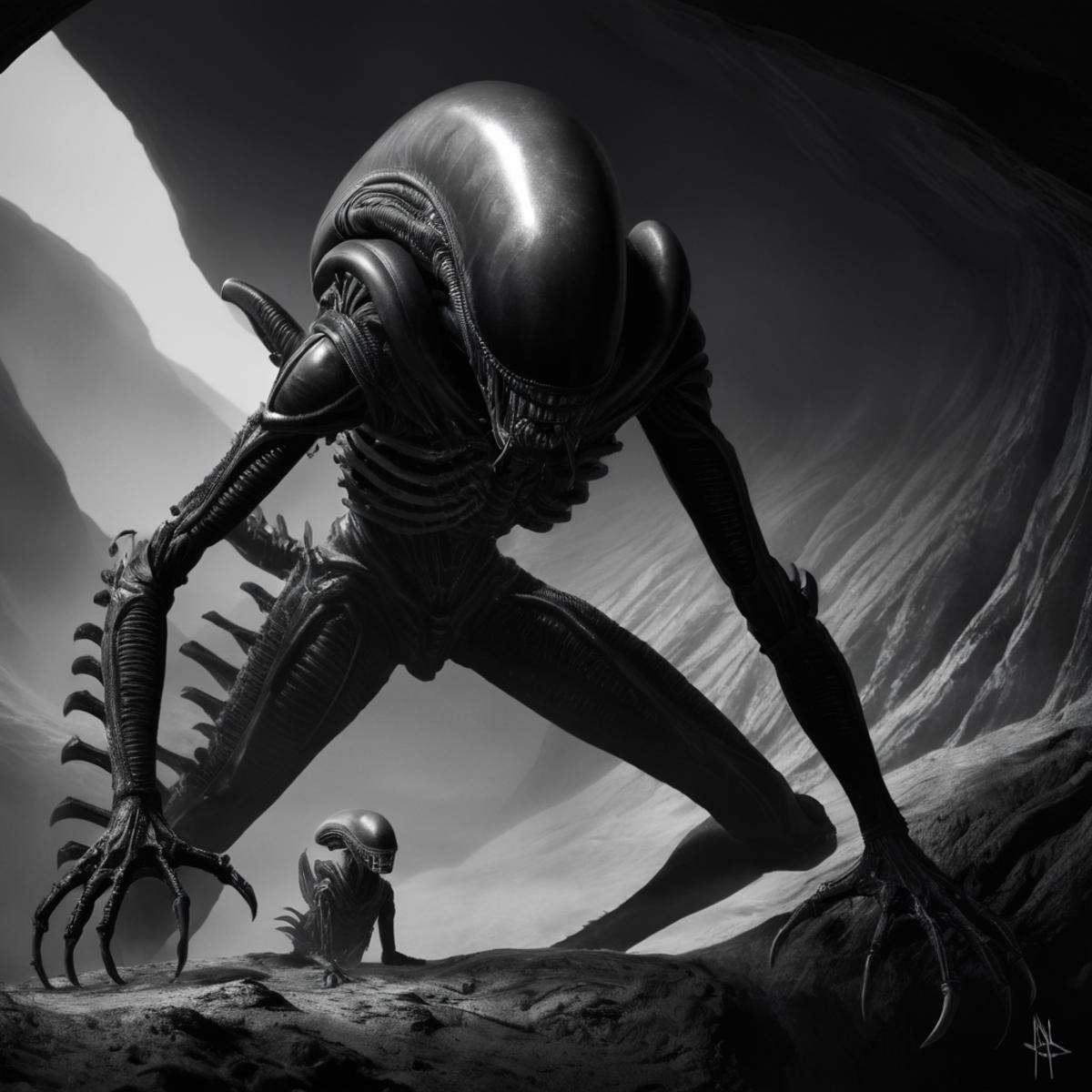 cinematic film still of Xenomorph a black and white drawing of a alien inside a cave,  endoparasitoid extraterrestrial spe...