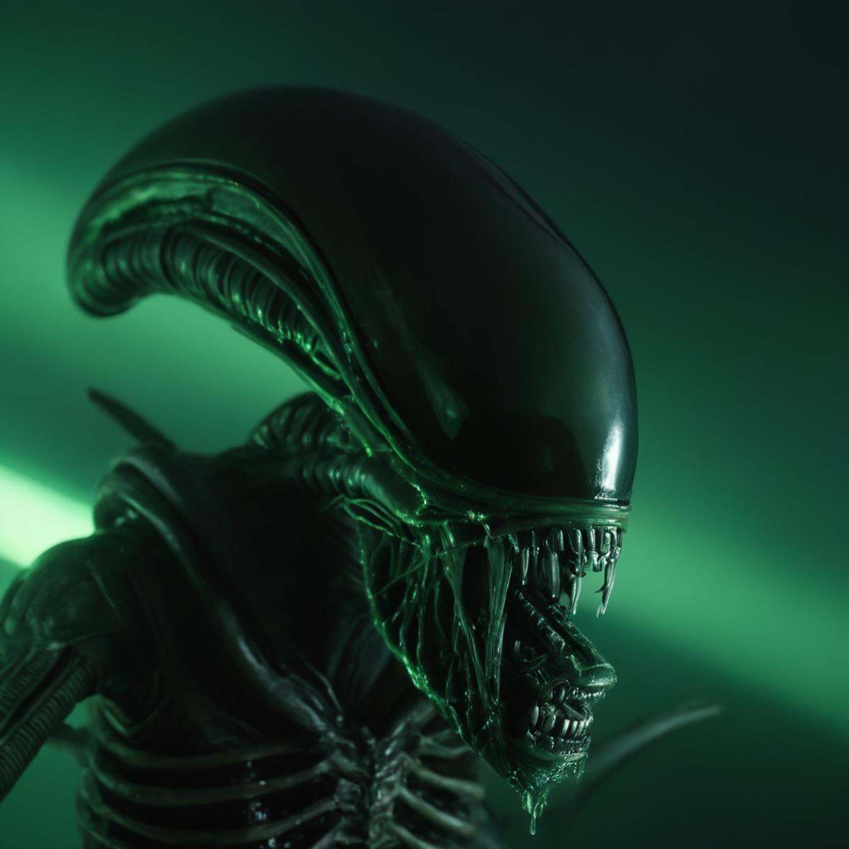 cinematic film still of Xenomorph a close up of a alien statue with a green light in the background,  endoparasitoid extra...
