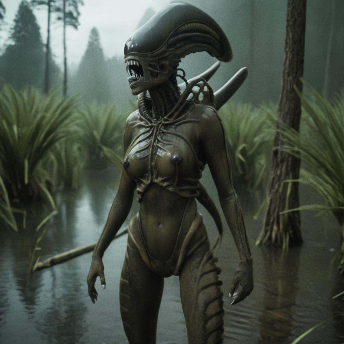 cinematic film still of Xenomorph a female alien with a large breast is standing in a swamp,  endoparasitoid extraterrestr...