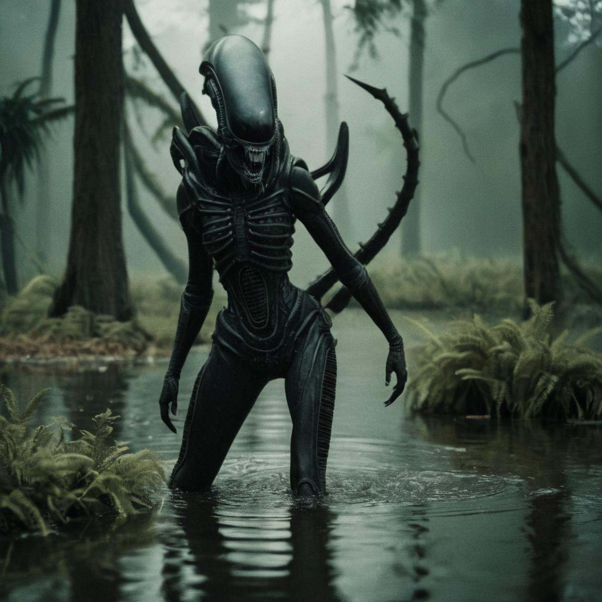 cinematic film still of Xenomorph a female alien with a large breast is standing in a swamp,  endoparasitoid extraterrestr...