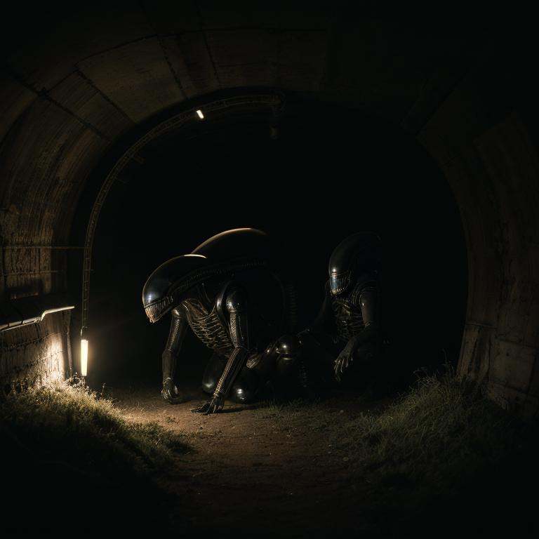 cinematic film still of Xenomorph an alien crawling in a tunnel,  endoparasitoid extraterrestrial species,  solo on Tensor...