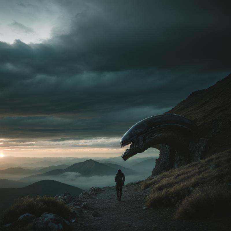 cinematic film still of Xenomorph a painting of an alien building in a mountain,  endoparasitoid extraterrestrial species,...