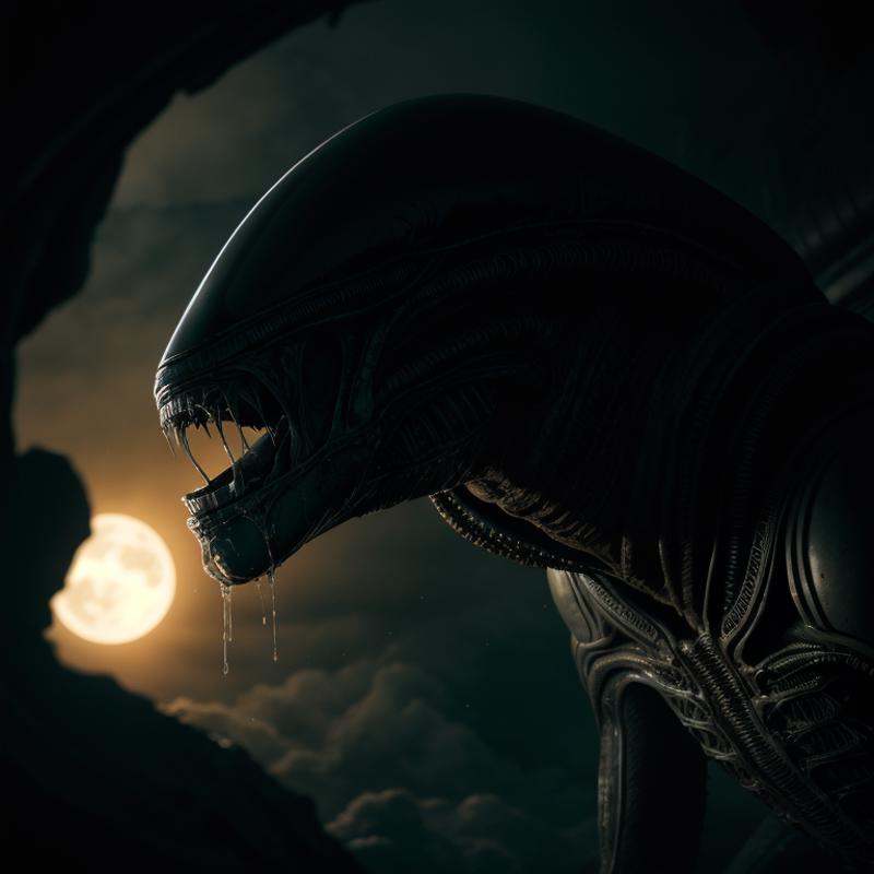 cinematic film still of Xenomorph a large alien with a huge mouth and a angry look,  endoparasitoid extraterrestrial speci...