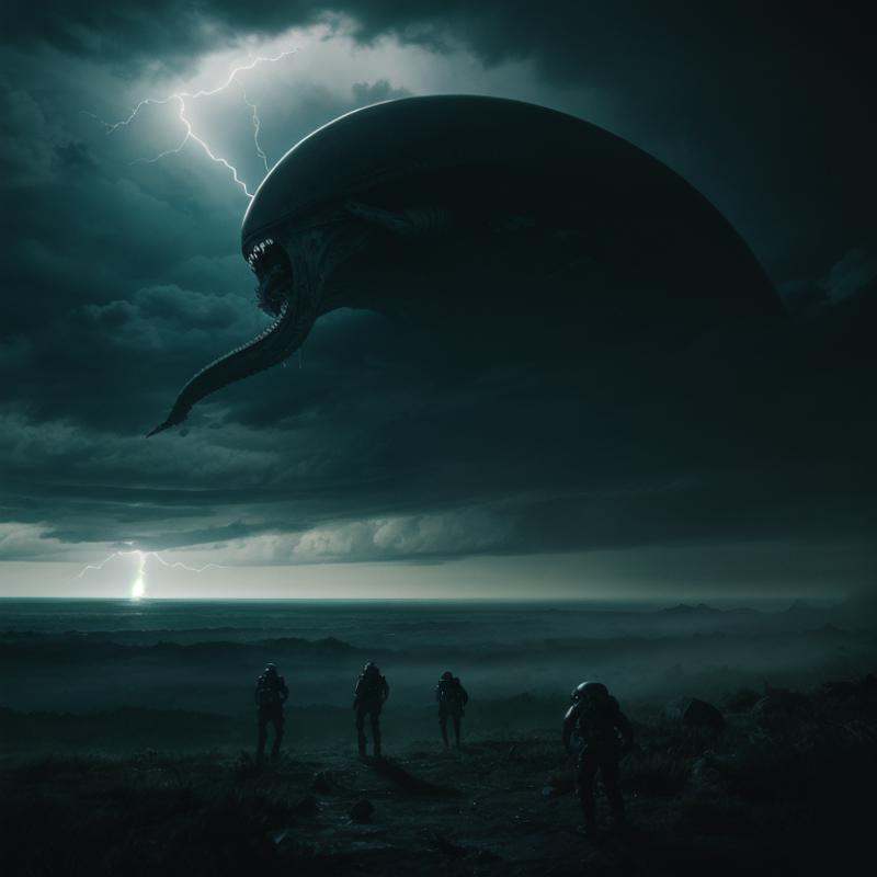 cinematic film still of a giant octopus shaped spaceship attacking a group of people,  endoparasitoid extraterrestrial spe...