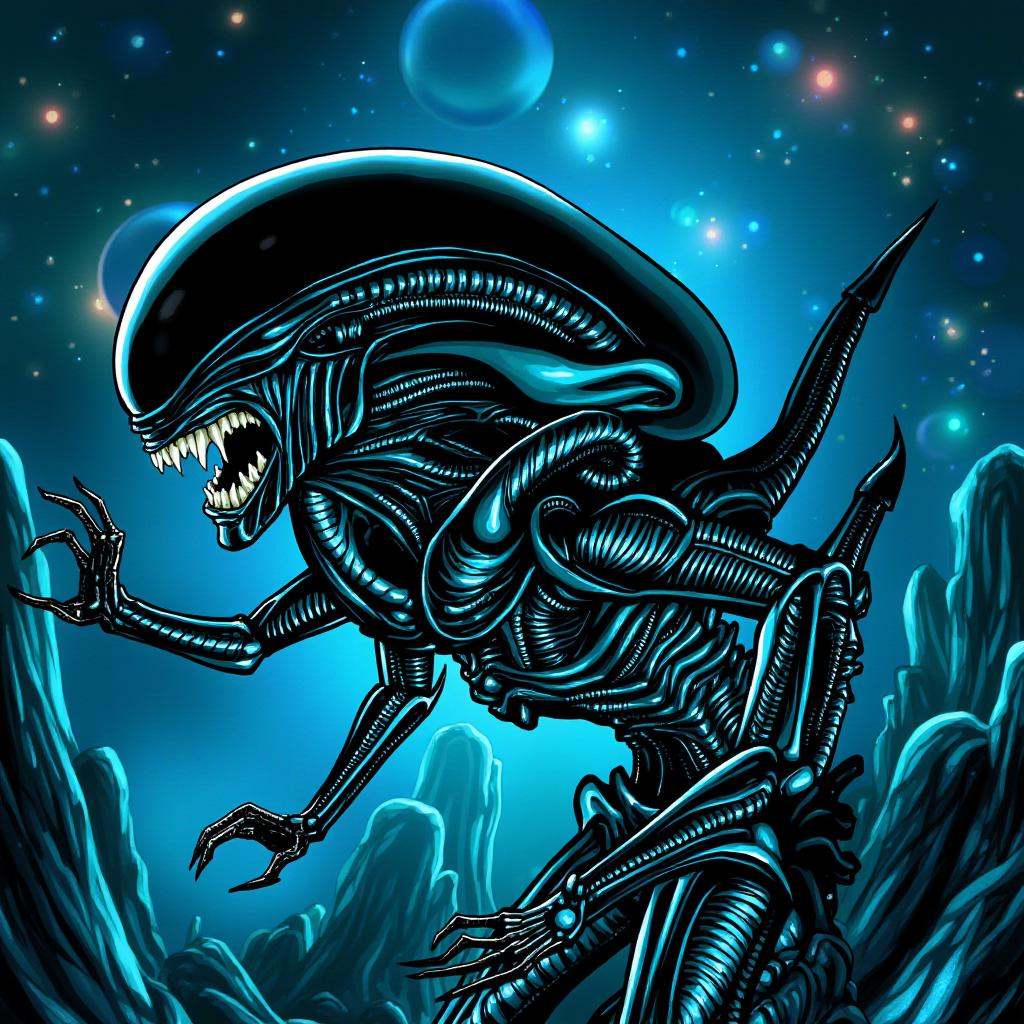 cinematic film still of Xenomorph a comic book cover with a giant alien,  endoparasitoid extraterrestrial species,  open m...