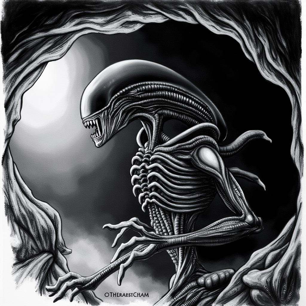 cinematic film still of Xenomorph a black and white drawing of a alien inside a cave,  endoparasitoid extraterrestrial spe...