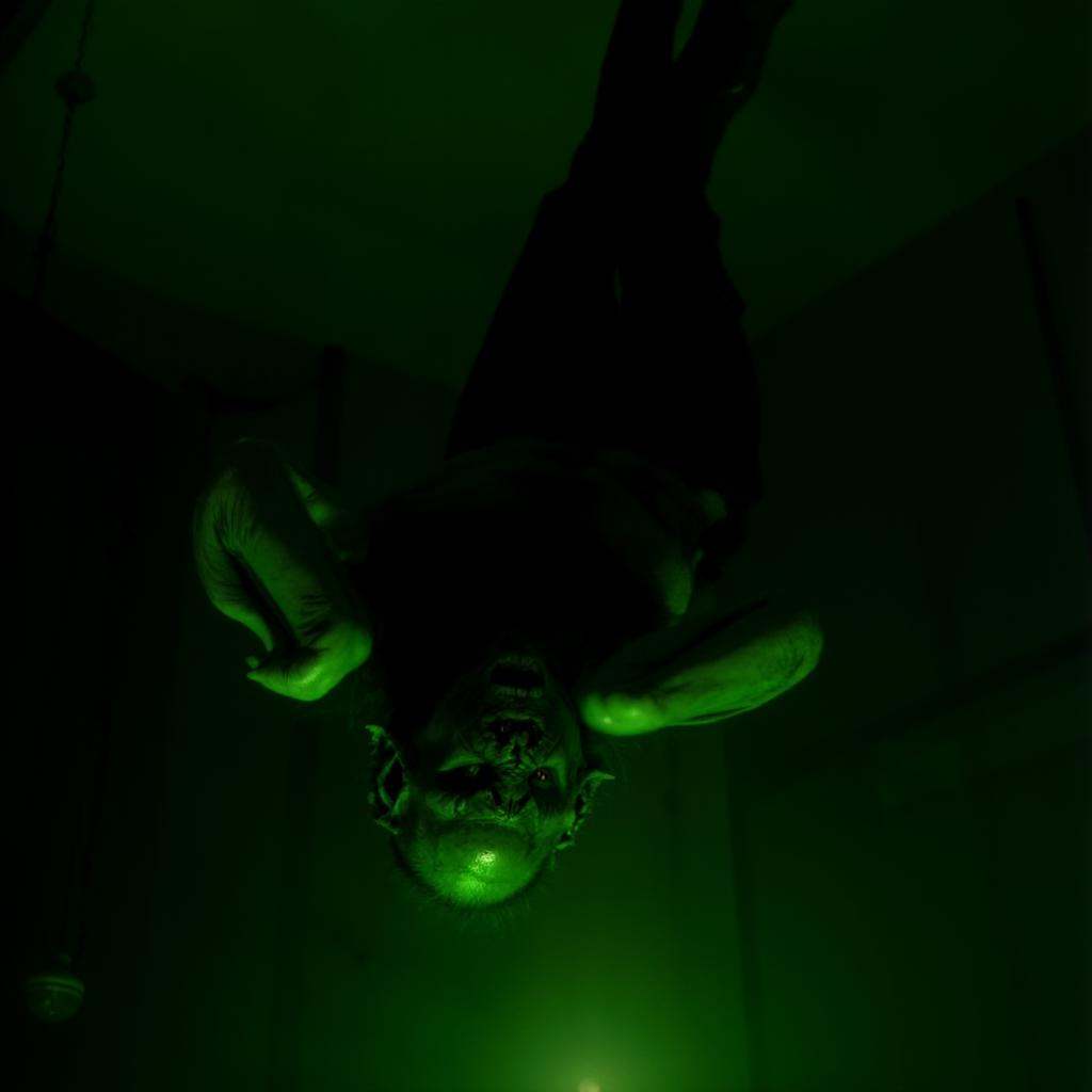 cinematic film still of Vampire Bat creature a creepy looking vampire bat creature hanging upside down falling to viewers...