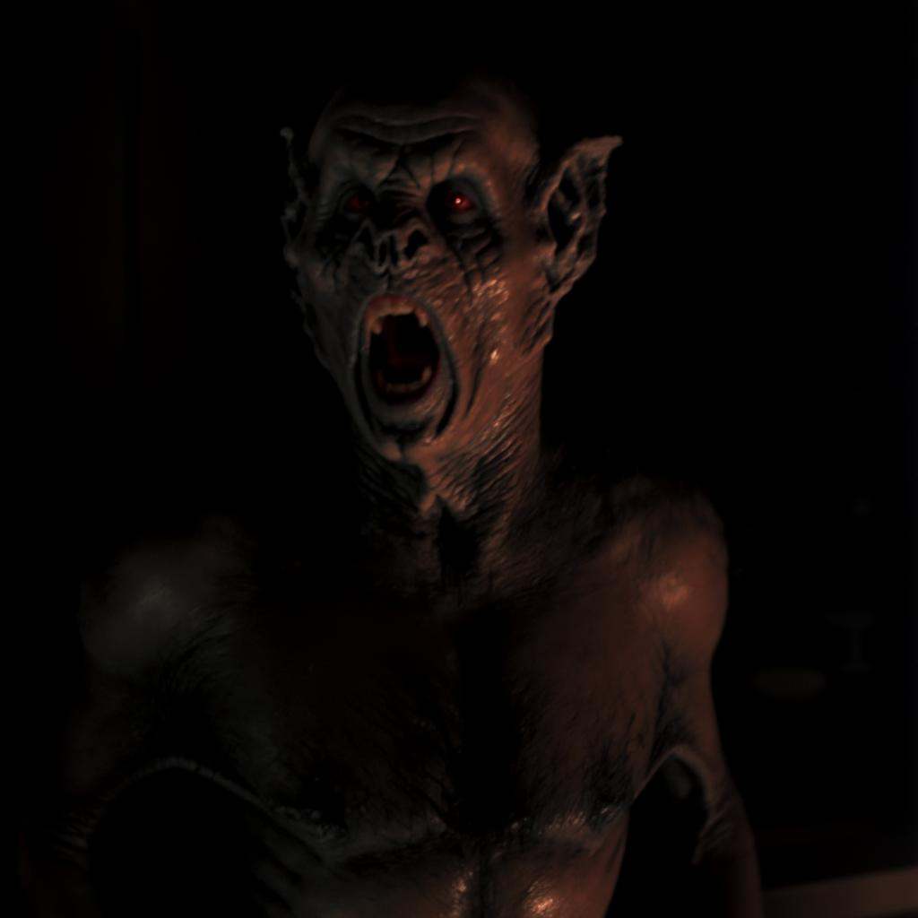 cinematic film still of Vampire Bat creature a close up of a screaming creature with open mouth and fangs in the dark,  pe...
