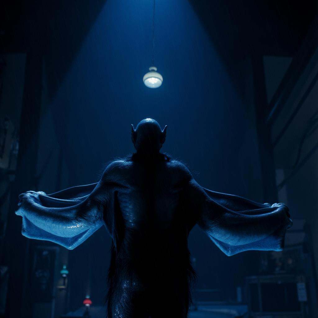 cinematic film still of Vampire Bat creature a bat creature from behind standing in the rain with its wings spread and bat...