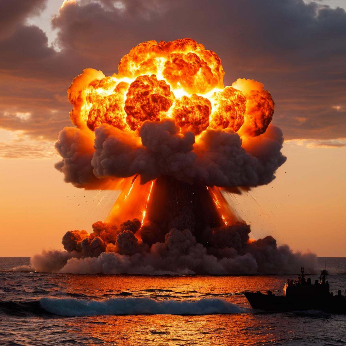 cinematic film still of Explosion BLAST a nuclear explosion is seen over the ocean modern warfare style,  sky,  cloud on T...