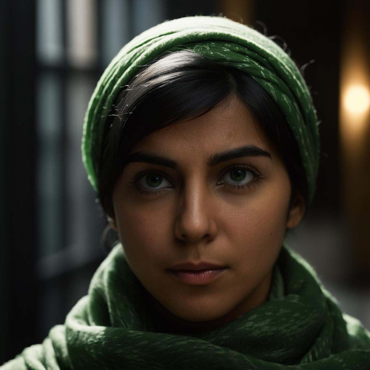 cinematic film still of Farah Karim a woman with a scarf on her head staring at camera in a dark room with sunlight window...