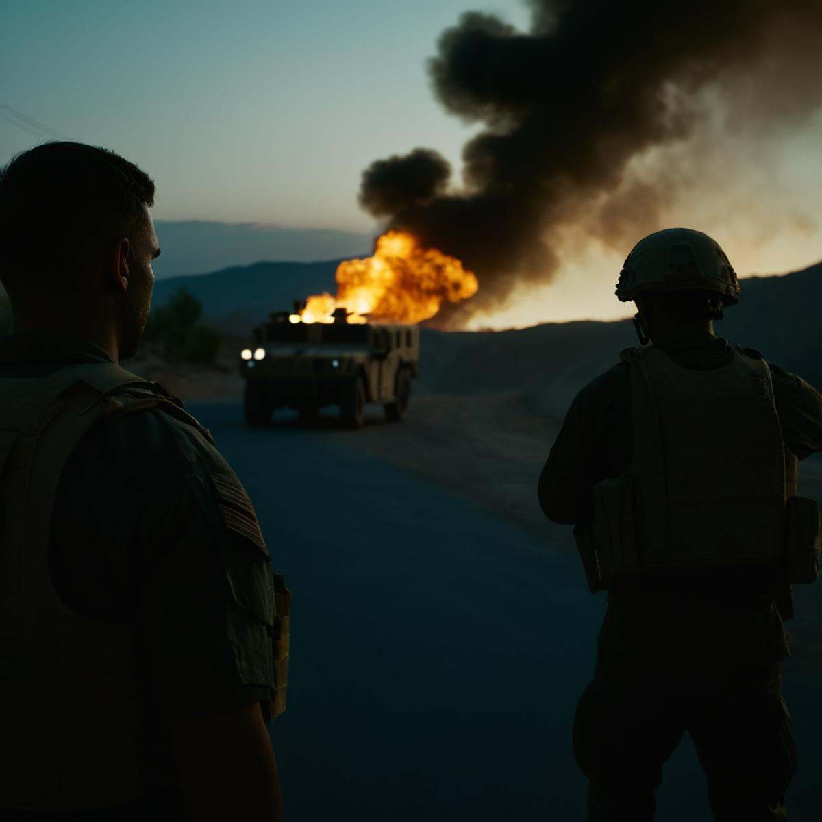 cinematic film still of a pov point of view of a man standing in the street in front of a fire and silhouette military men...