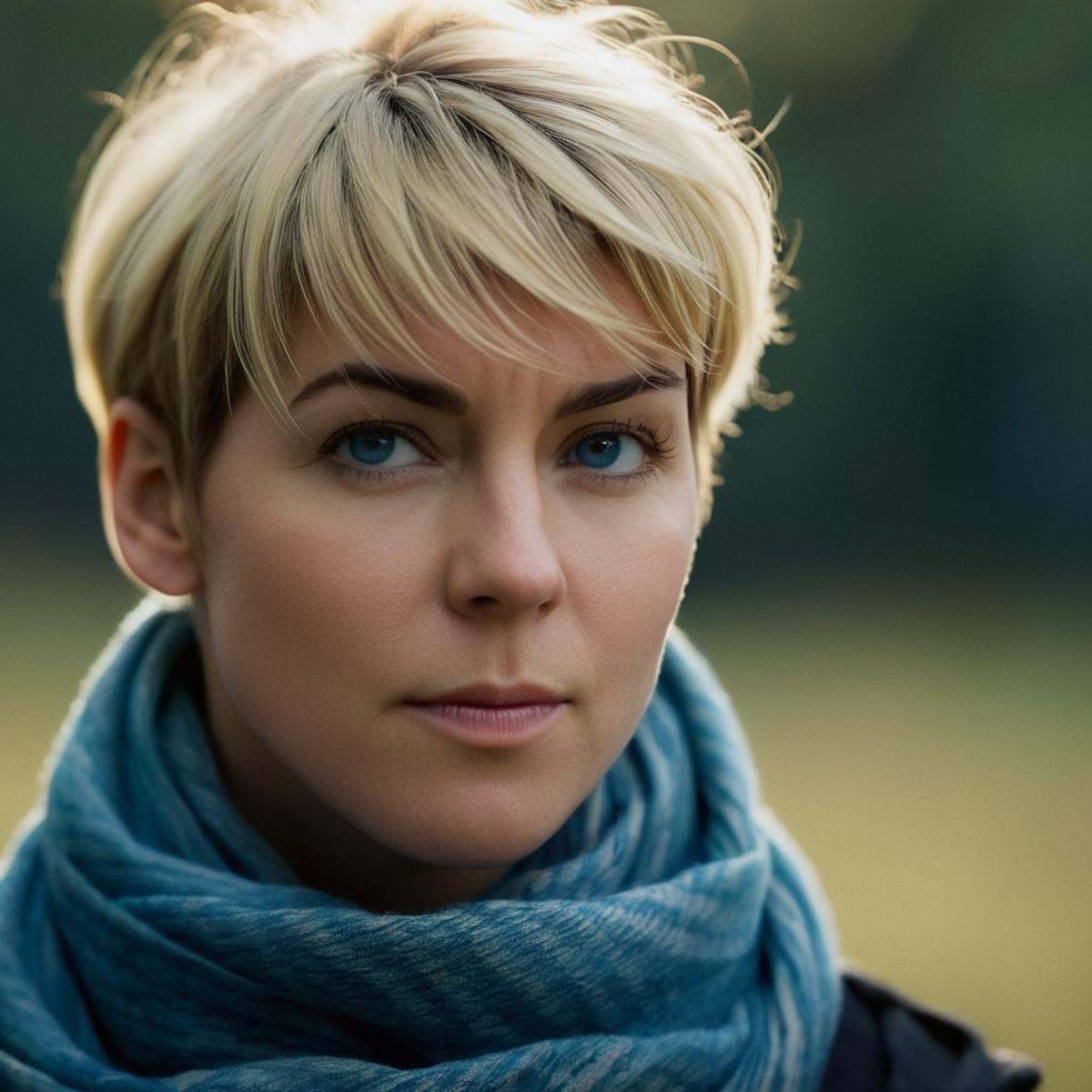 cinematic film still of Kate Laswell a short hair woman with blonde hair and a scarf staring at someone modern warfare sty...