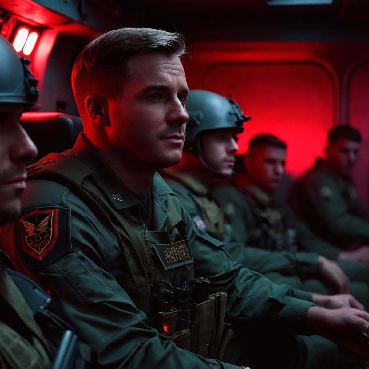 cinematic film still of Philip Graves a man in a military uniform sitting in a military plane with red spotlight on next t...