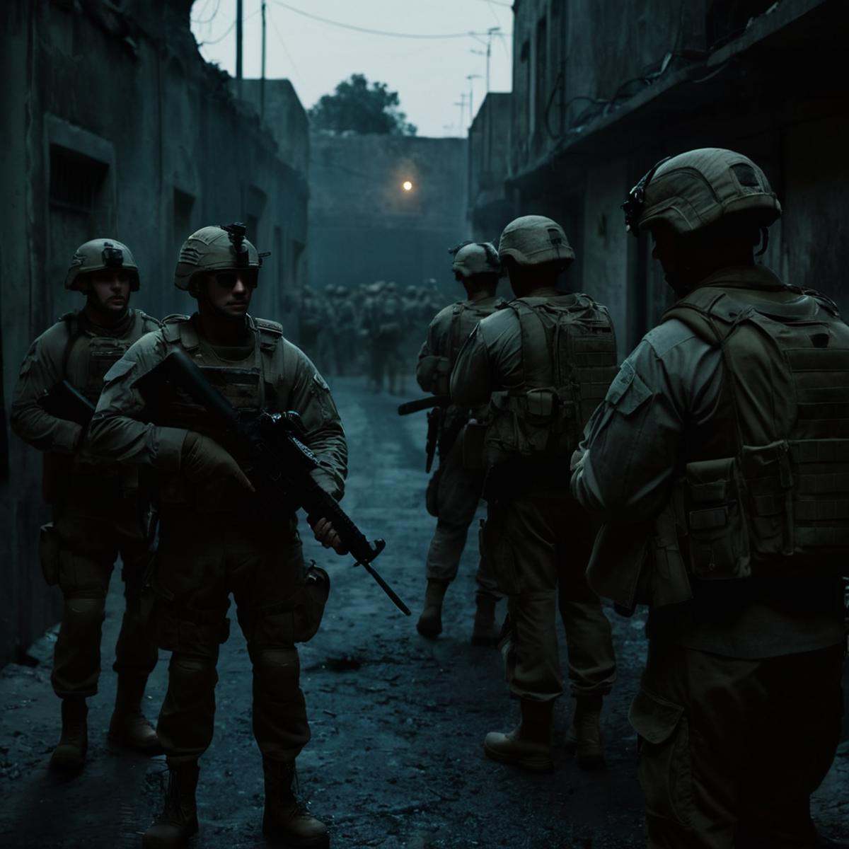 cinematic film still of POV point of view a group of soldiers standing in a dark alley modern warfare style,  outdoors,  m...
