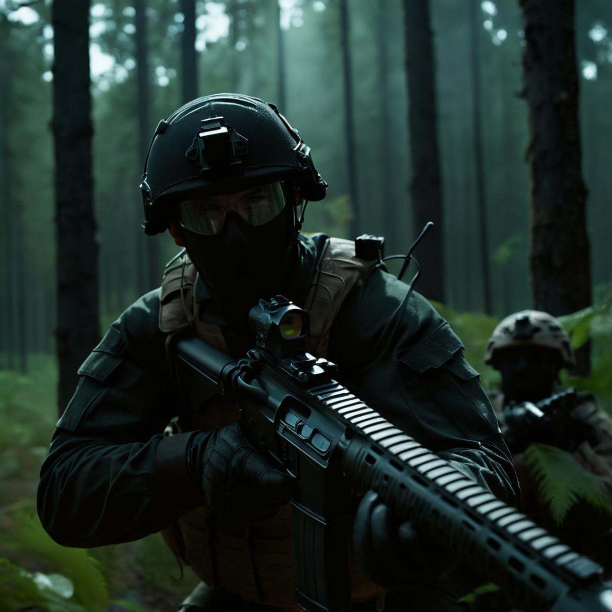cinematic film still of POV point of view a soldier man with an assault rifle in a dark forest with volumetric light on mo...