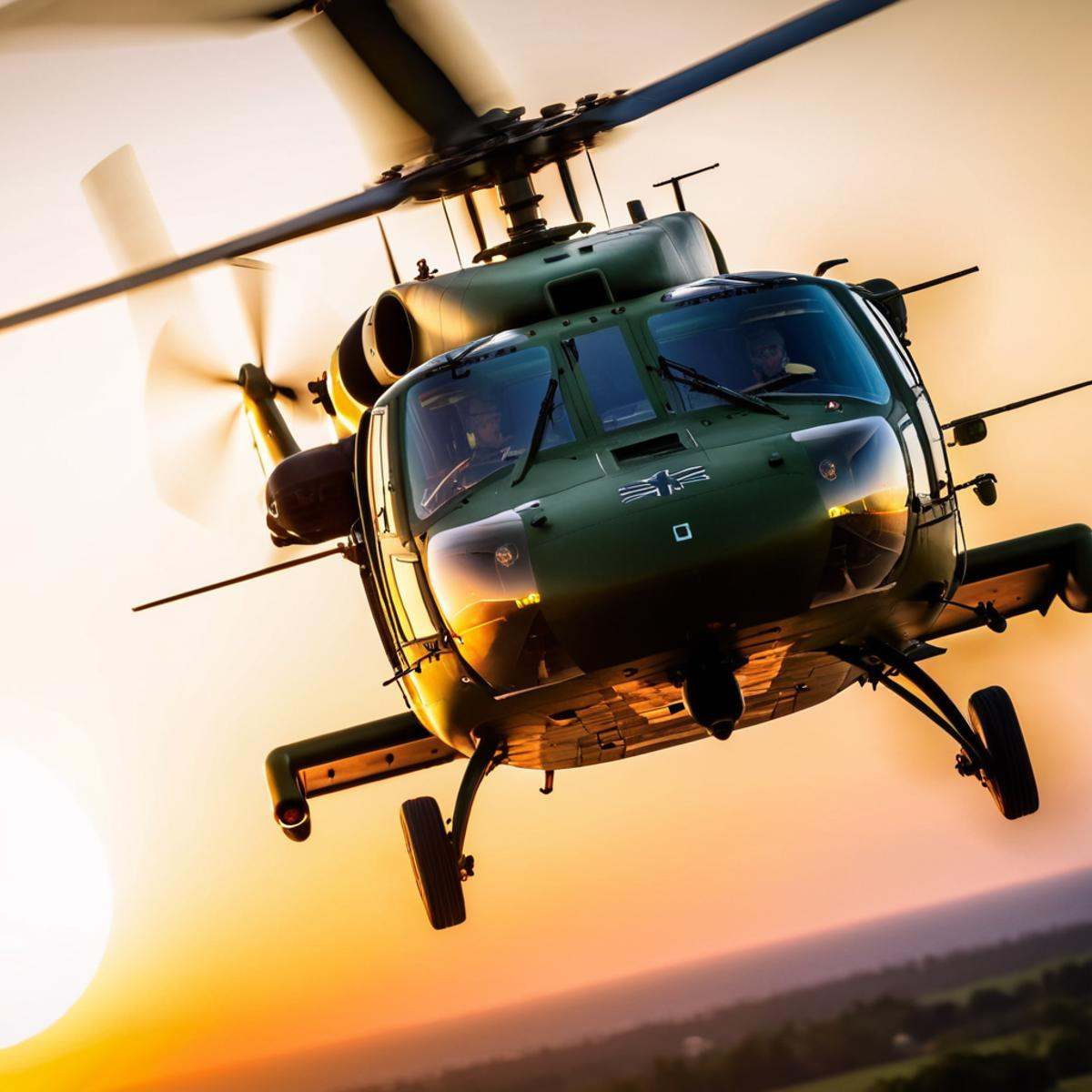 cinematic film still of Military Helicopter a helicopter flying through the air at sunset to the viewers modern warfare st...