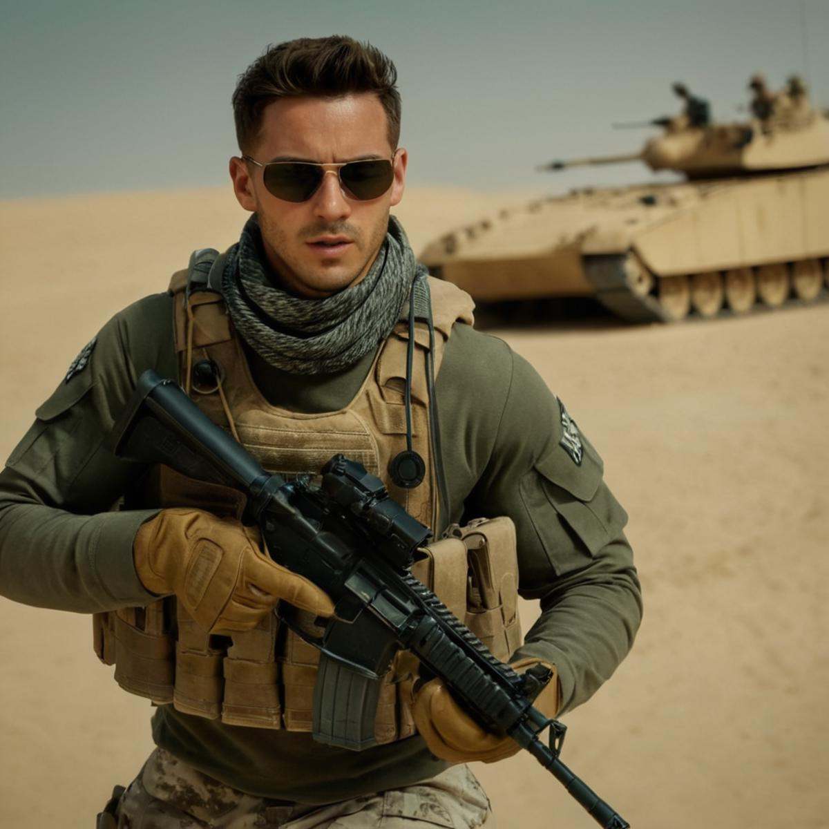 cinematic film still of a soldier running towards a **** in the orangedesert modern warfare style,  gloves,  holding on Te...