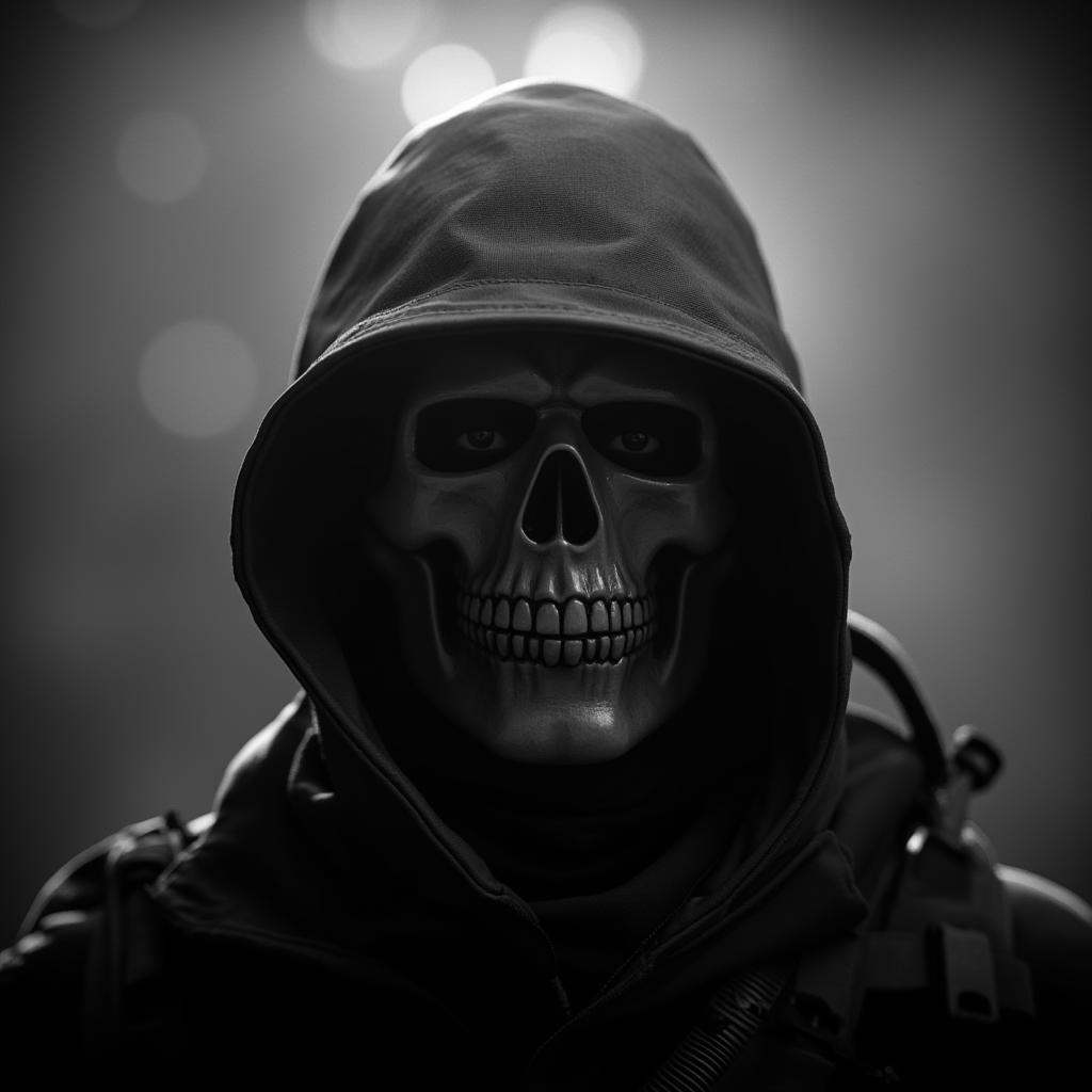 cinematic film still of In modern warfare style Simon Ghost Riley a person in a military helmet and skeleton mask staring...
