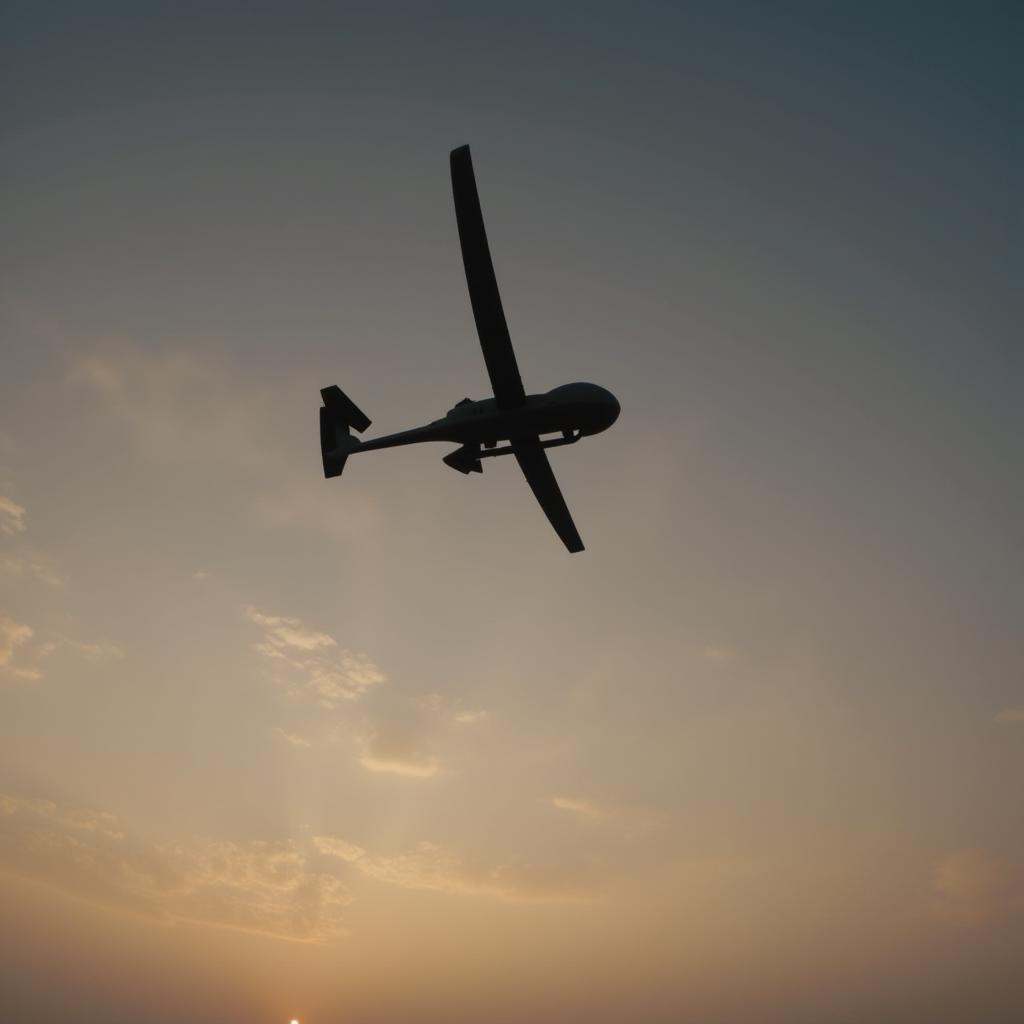cinematic film still of In modern warfare style low angle from below,  a military uav silhouette drone flying in the sky a...
