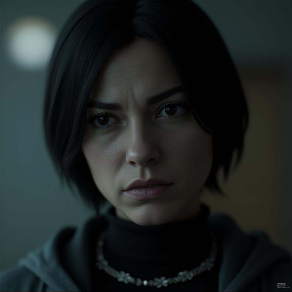 cinematic film still of In modern warfare style closeup,  Valeria Garza a Mexican woman staring at camera with a serious l...