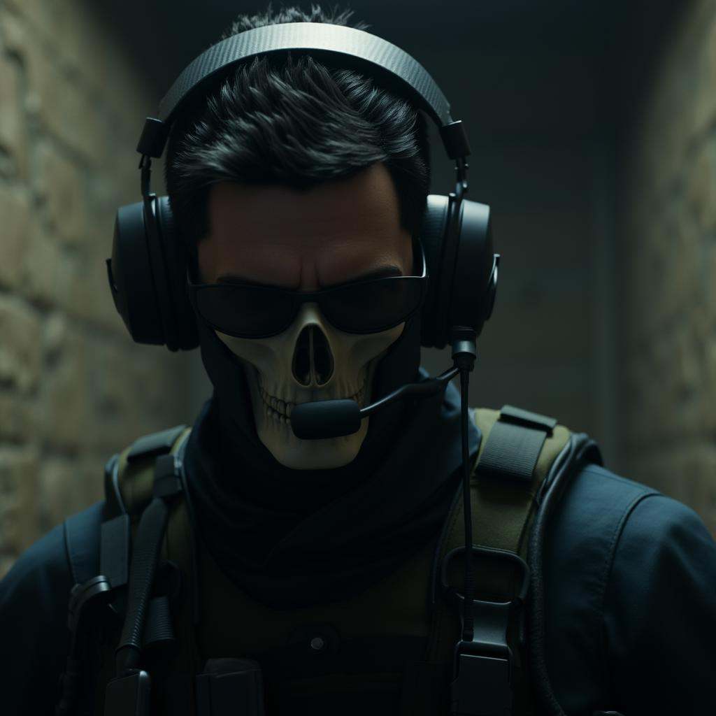 cinematic film still of In modern warfare style closeup,  Simon Ghost Riley a man in a skull mask and headphones modern wa...