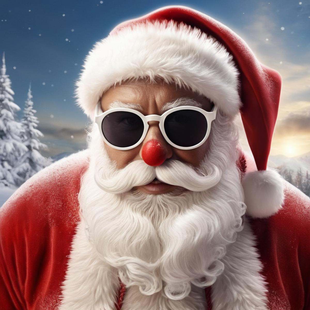 Hyperrealistic art of Santa Claus a santa claus with sunglasses and a peace sign in snow in Christmas Eve,  Extremely high...