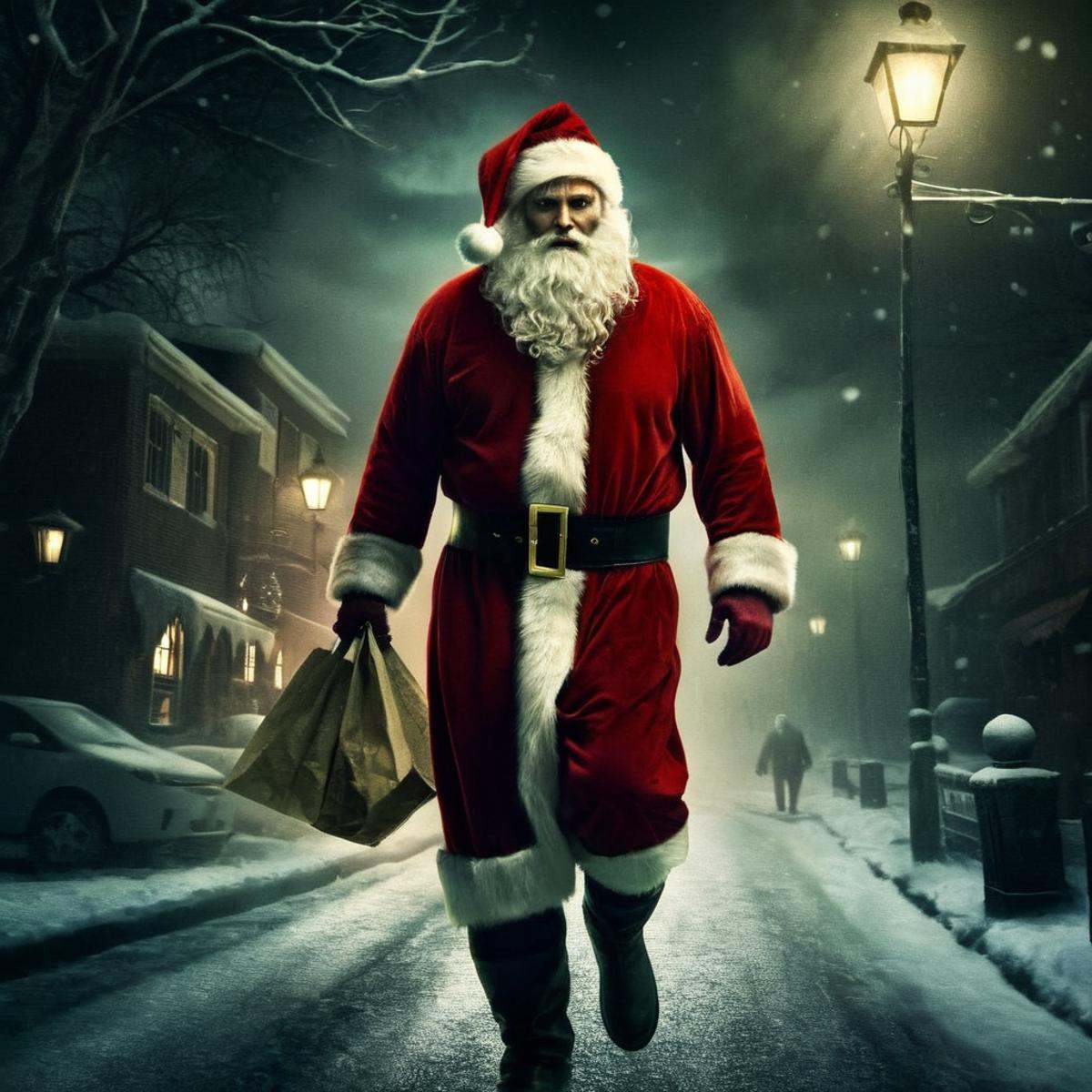 Dark Fantasy Art of Santa Claus a zombie man dressed as santa claus walking down a street in Christmas Eve,  dark,  moody...