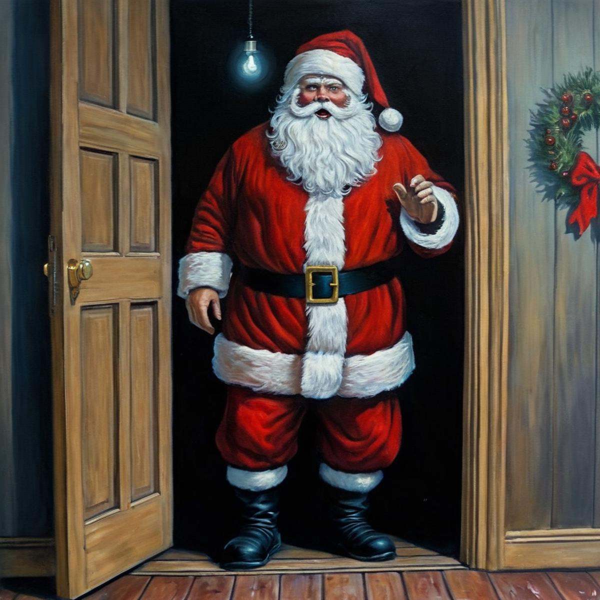 Horror-themed,  Santa Claus a painting of a scary santa claus standing in a doorway in Christmas Eve,  Eerie on Tensor.Art