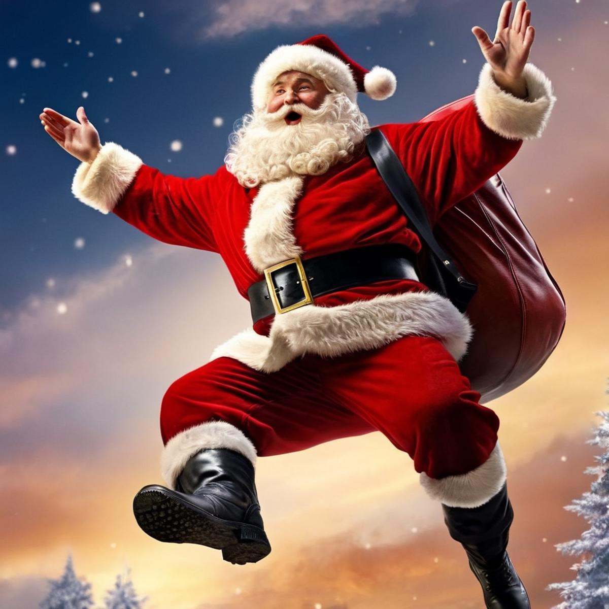 Hyperrealistic art of Santa Claus a man dressed as santa claus flying through the air in Christmas Eve,  Extremely high-re...