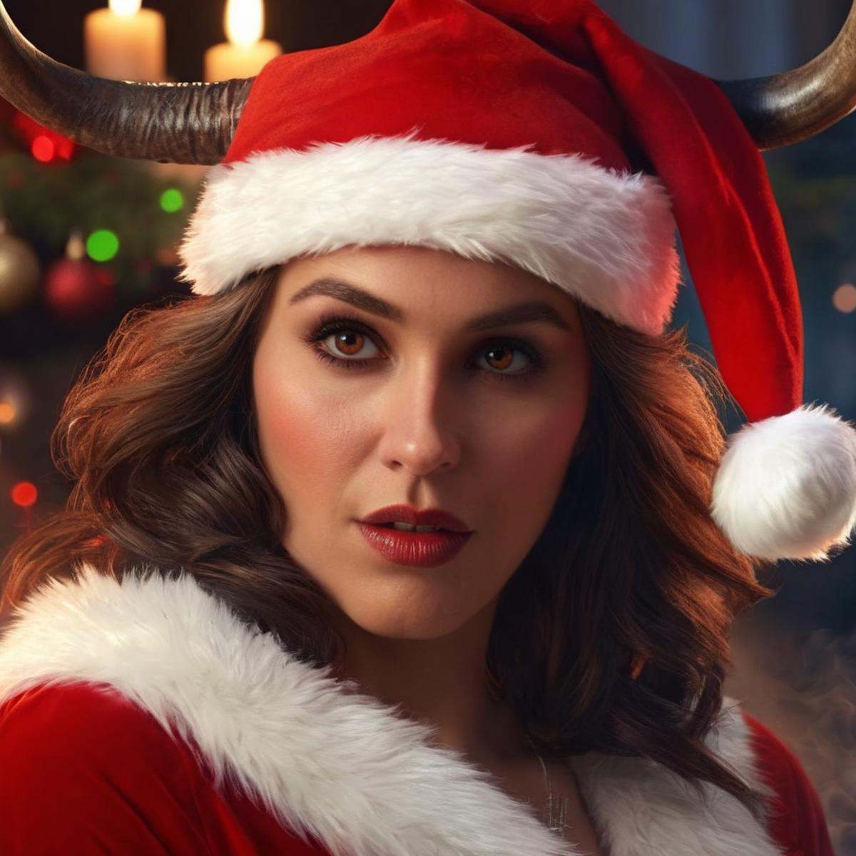 Hyperrealistic art of Santa Claus a woman with horns and a devil's head in Christmas Eve,  Extremely high-resolution detai...