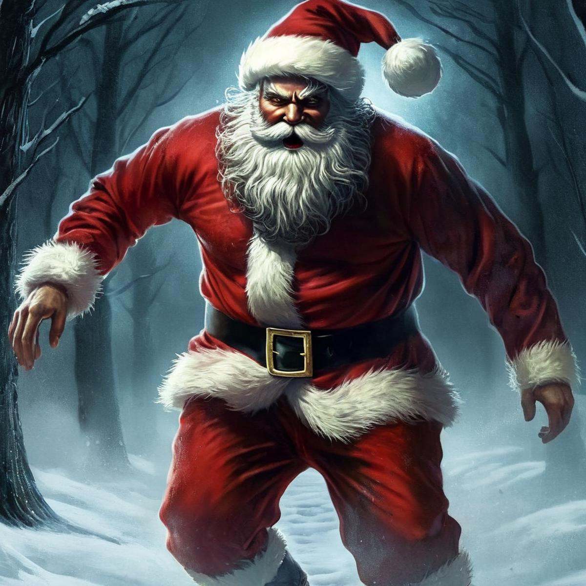Horror-themed,  Santa Claus a creepy demonic santa claus is running through the snow in Christmas Eve,  Eerie on Tensor.Art