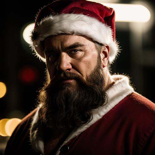 cinematic film still of Santa Claus a villain santa claus mug shot with a police department sign in Christmas Eve,  shallo...