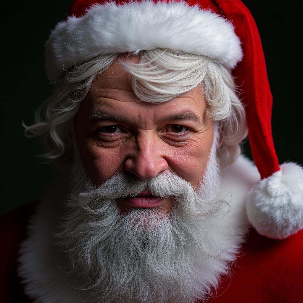Hyperrealistic art of Santa Claus a closeup of an old man with a beard wearing a red and white hat smiling sad in Christma...