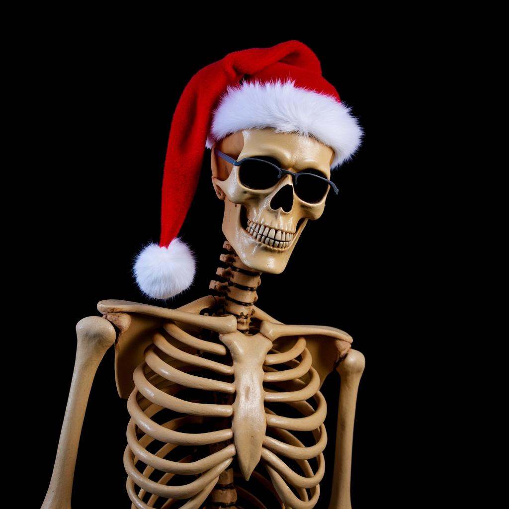 Hyperrealistic art of In vintage themed Christmas style a golden skeleton wearing a santa hat and looking at camera,  1960...