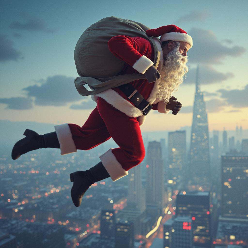 Hyperrealistic art of Santa Claus a man dressed as santa claus flying through the air in Christmas Eve,  solo,  hat on Ten...