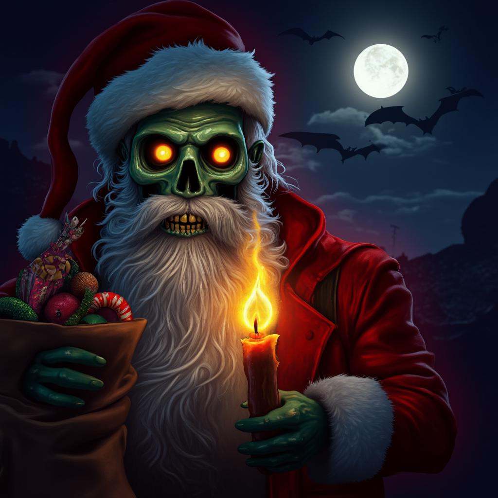 Hyperrealistic art of In vintage themed Christmas style a cartoon skull faced zombie creature in santa claus outfit holdin...