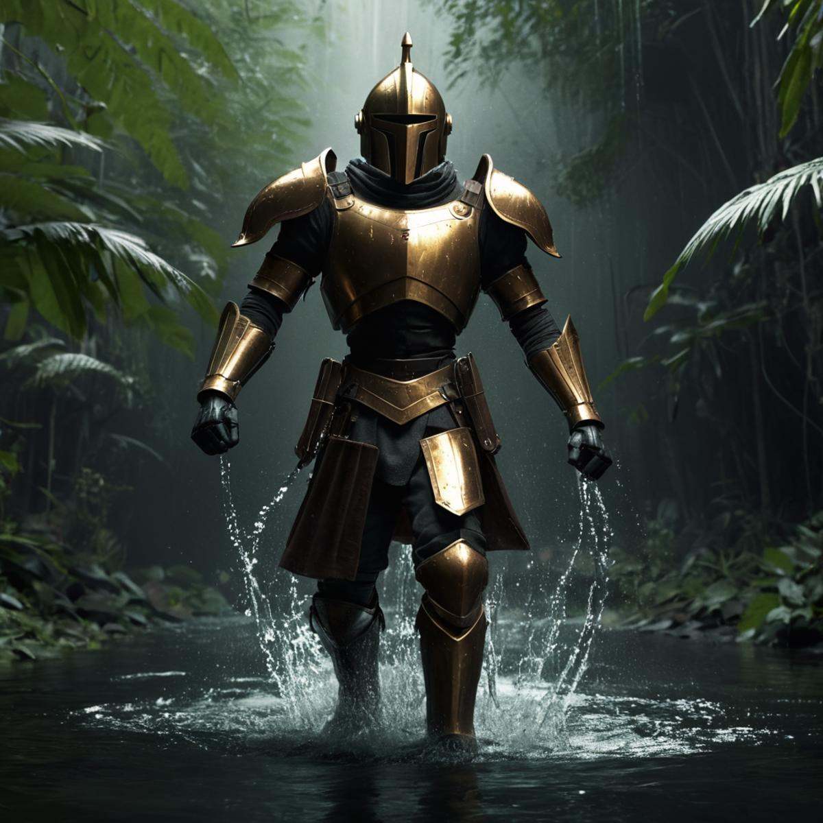 professional 3d model of a man in a gold knight armor middle ages outfit splashes water,  black hair,  holding on Tensor.Art
