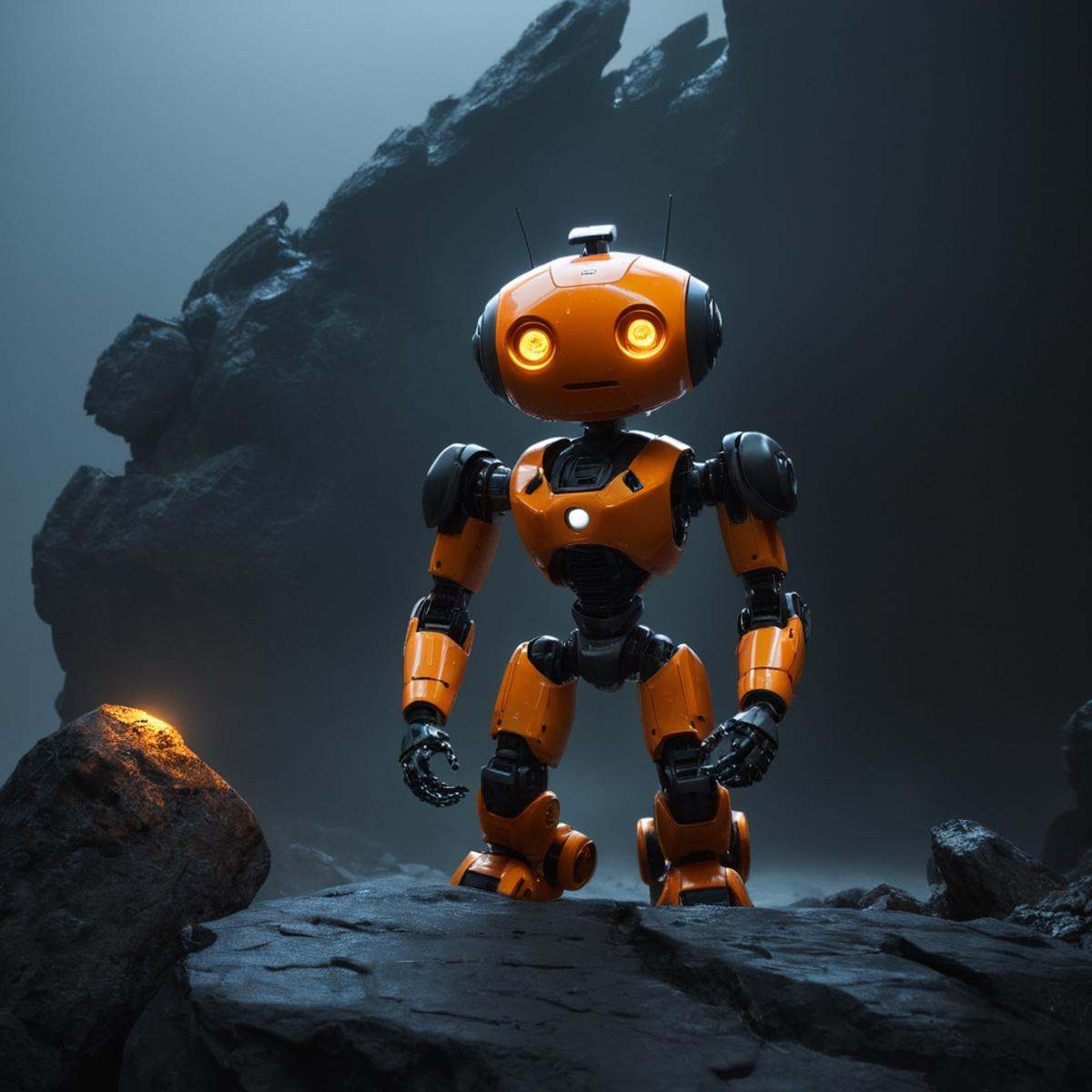 professional 3d model of a small orange robot sitting on a rock with a big monster behind it,  blurry,  no humans on Tenso...
