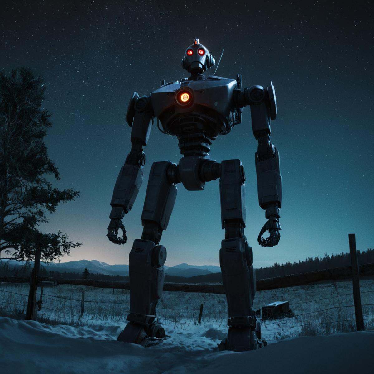 professional 3d model of a giant robot standing in a field next to a fence,  outdoors,  sky on Tensor.Art